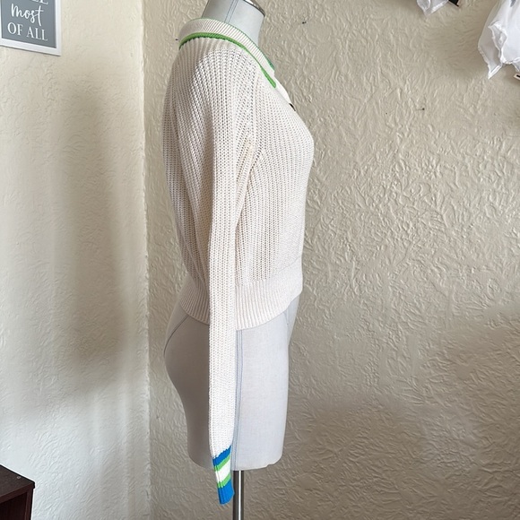 Urban Outfitters BDG Ivory Cropped Collared Taylor Sweater Green Blue Trim M - Picture 8 of 13